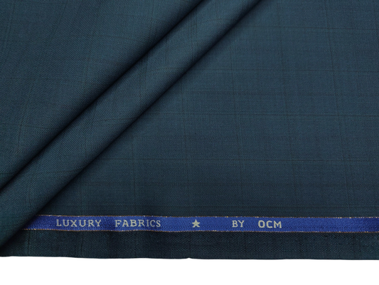 OCM Privilege Club Super 120s Merino Wool Blend Premium Suiting Fabric (Deep Teal Blue, Checks)