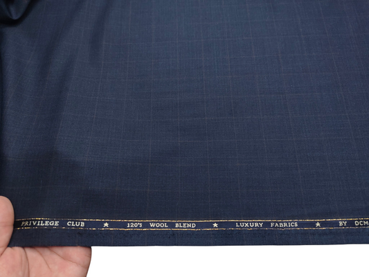 OCM Privilege Club Super 120s Merino Wool Blend Premium Suiting Fabric (Navy Blue, Checks)