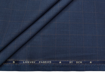 OCM Privilege Club Super 120s Merino Wool Blend Premium Suiting Fabric (Navy Blue, Checks)