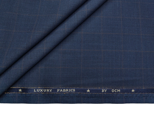 OCM Privilege Club Super 120s Merino Wool Blend Premium Suiting Fabric (Navy Blue, Checks)