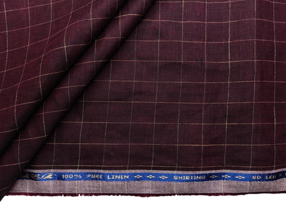 100% Pure Linen 60 LEA Shirting Fabric (Maroon, Checks)