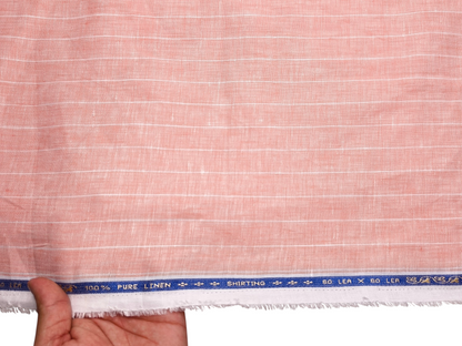 100% Pure Linen 60 LEA Shirting Fabric (Peach, Stripes)
