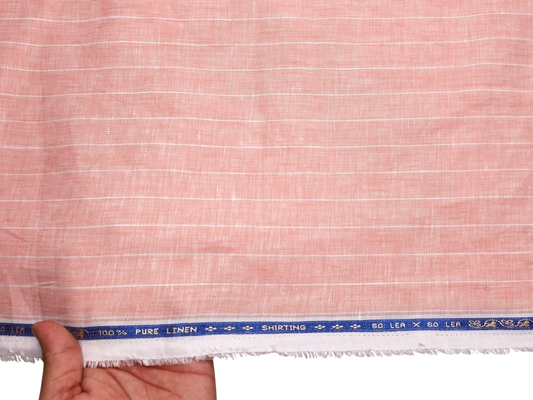 100% Pure Linen 60 LEA Shirting Fabric (Peach, Stripes)