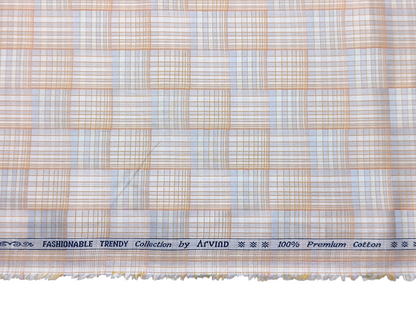Arvind Fashionable Trendy Collection 100% Premium Cotton Shirting Fabric (Orange & Blue, Patterned Checks)