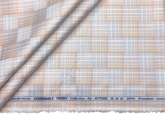 Arvind Fashionable Trendy Collection 100% Premium Cotton Shirting Fabric (Orange & Blue, Patterned Checks)