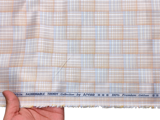Arvind Fashionable Trendy Collection 100% Premium Cotton Shirting Fabric (Orange & Blue, Patterned Checks)