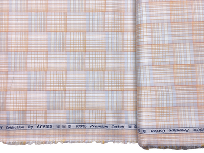 Arvind Fashionable Trendy Collection 100% Premium Cotton Shirting Fabric (Orange & Blue, Patterned Checks)