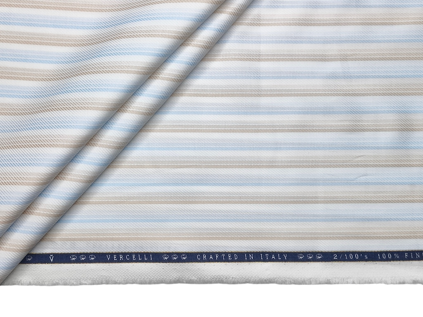 Vercelli Italy 2/100s Finest Supima Cotton Shirting Fabric (Beige & Blue, Patterned Stripes)