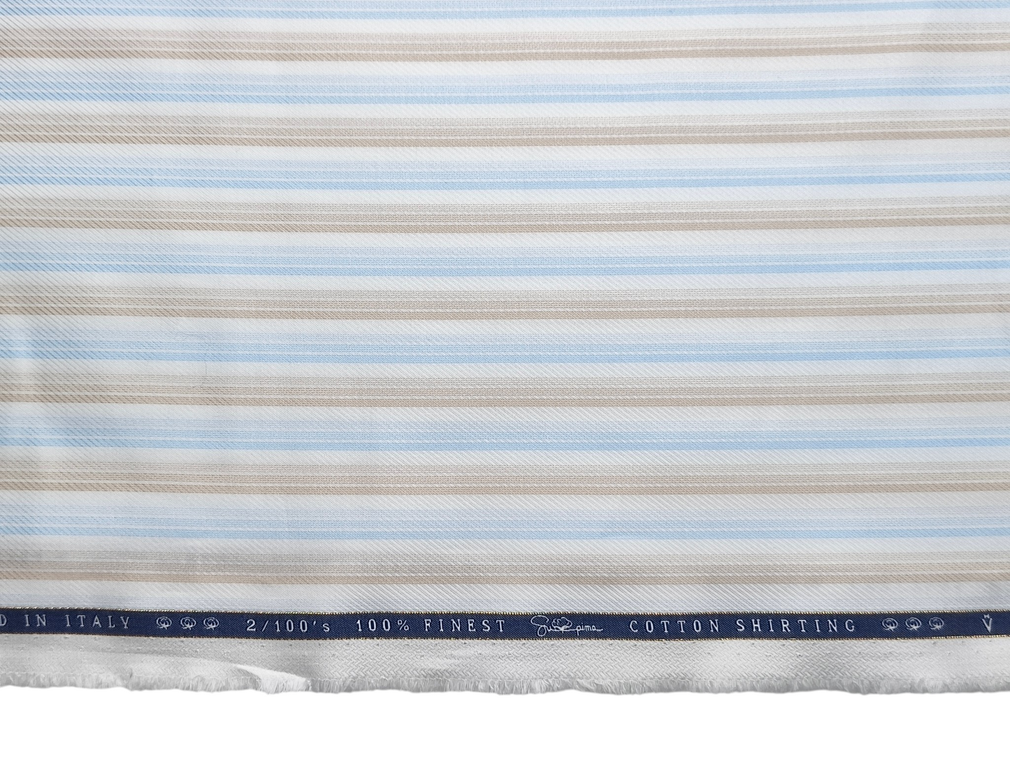 Vercelli Italy 2/100s Finest Supima Cotton Shirting Fabric (Beige & Blue, Patterned Stripes)