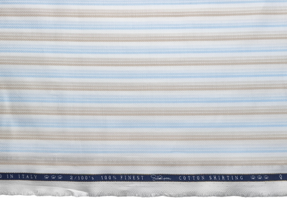 Vercelli Italy 2/100s Finest Supima Cotton Shirting Fabric (Beige & Blue, Patterned Stripes)