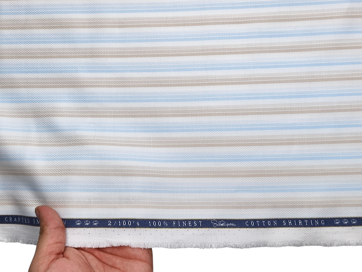 Vercelli Italy 2/100s Finest Supima Cotton Shirting Fabric (Beige & Blue, Patterned Stripes)