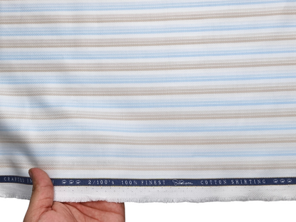Vercelli Italy 2/100s Finest Supima Cotton Shirting Fabric (Beige & Blue, Patterned Stripes)