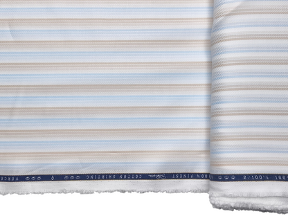 Vercelli Italy 2/100s Finest Supima Cotton Shirting Fabric (Beige & Blue, Patterned Stripes)