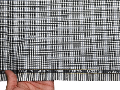 Cavalero Italy Premium Merino Wool Blend Jacketing Suiting Fabric (Grey & Black, Checkered Hondstooth)