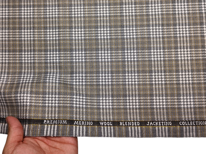 Cavalero Italy Premium Merino Wool Blend Jacketing Suiting Fabric (Grey, White & Beige, Checks)