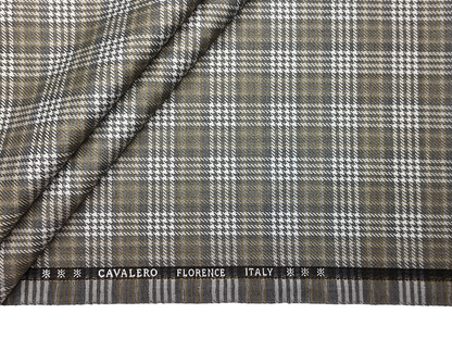 Cavalero Italy Premium Merino Wool Blend Jacketing Suiting Fabric (Grey, White & Beige, Checks)