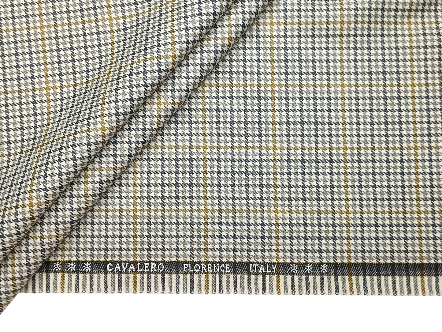 Cavalero Italy Premium Merino Wool Blend Jacketing Suiting Fabric (Cream & Grey, Checkered Hondstooth)