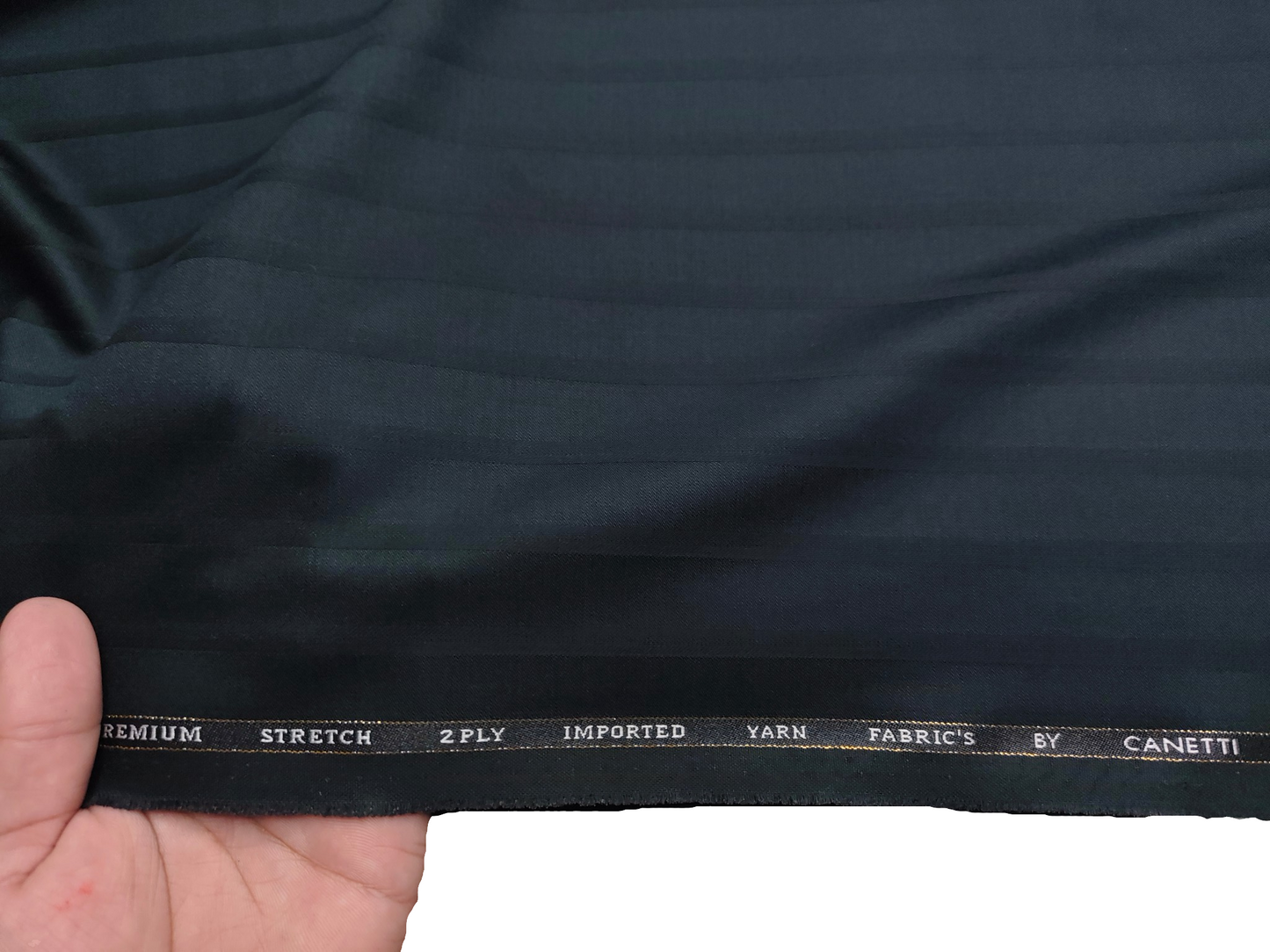 Canetti Italy Premium TR Stretched Suiting Fabric (Bottle Green, Broad Stripes)