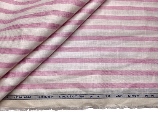 Murano Di Italia Italian Luxury Collection 100% Pure Linen 70 LEA Shirting Fabric (White & Pink , Stripes)