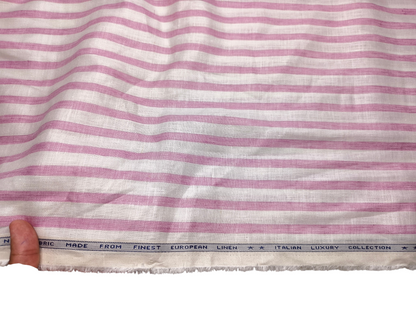 Murano Di Italia Italian Luxury Collection 100% Pure Linen 70 LEA Shirting Fabric (White & Pink , Stripes)