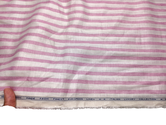 Murano Di Italia Italian Luxury Collection 100% Pure Linen 70 LEA Shirting Fabric (White & Pink , Stripes)