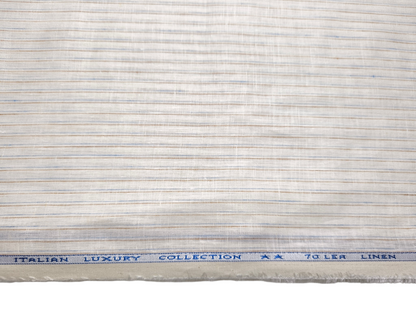 Murano Di Italia Italian Luxury Collection 100% Pure Linen 70 LEA Shirting Fabric (Offwhite, Blue & Brown, Stripes)