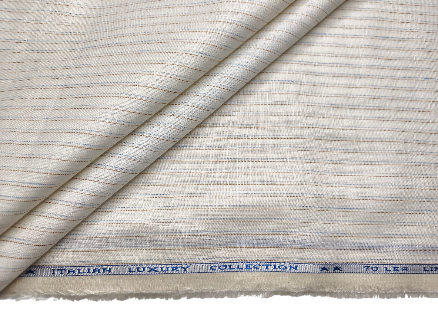Murano Di Italia Italian Luxury Collection 100% Pure Linen 70 LEA Shirting Fabric (Offwhite, Blue & Brown, Stripes)