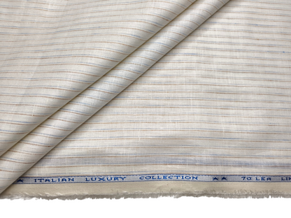 Murano Di Italia Italian Luxury Collection 100% Pure Linen 70 LEA Shirting Fabric (Offwhite, Blue & Brown, Stripes)