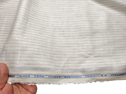 Murano Di Italia Italian Luxury Collection 100% Pure Linen 70 LEA Shirting Fabric (Offwhite, Blue & Brown, Stripes)