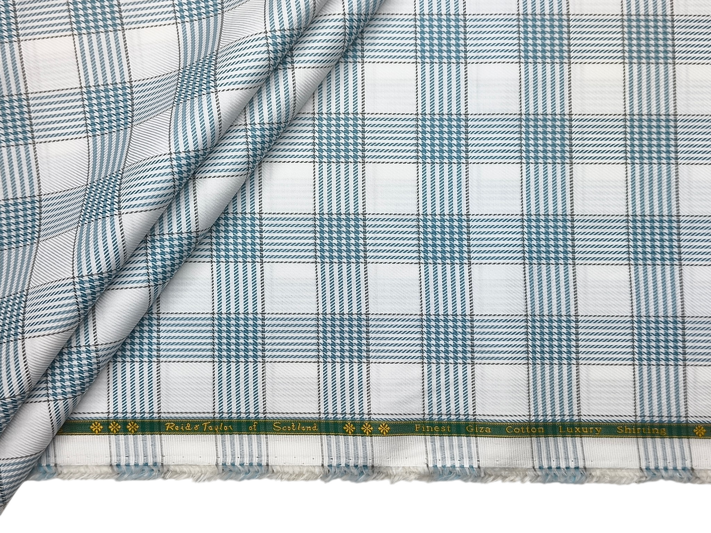 Reid & Taylor Finest Giza Cotton Luxury Shirting Fabric (White & Blue, Patterned Checks)