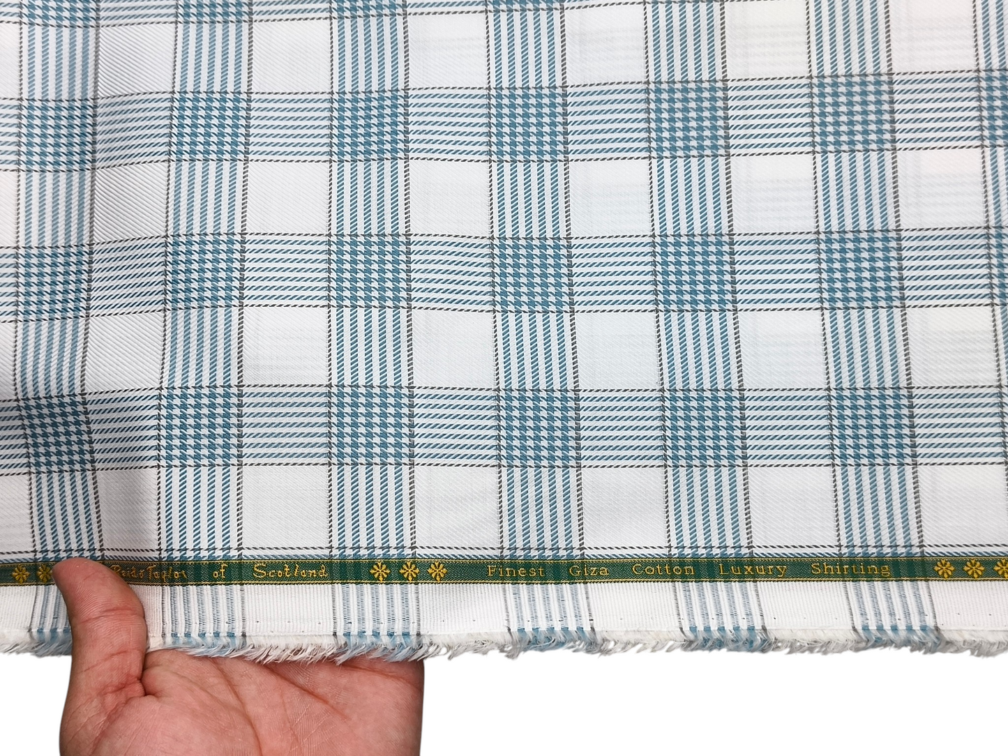 Reid & Taylor Finest Giza Cotton Luxury Shirting Fabric (White & Blue, Patterned Checks)