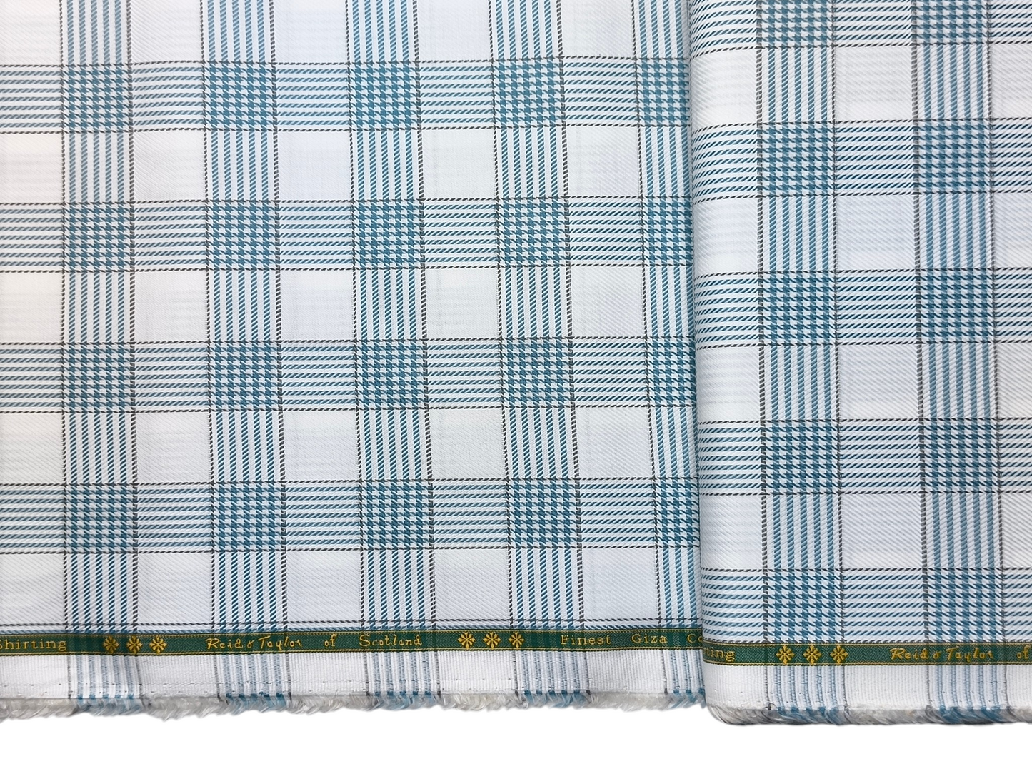 Reid & Taylor Finest Giza Cotton Luxury Shirting Fabric (White & Blue, Patterned Checks)