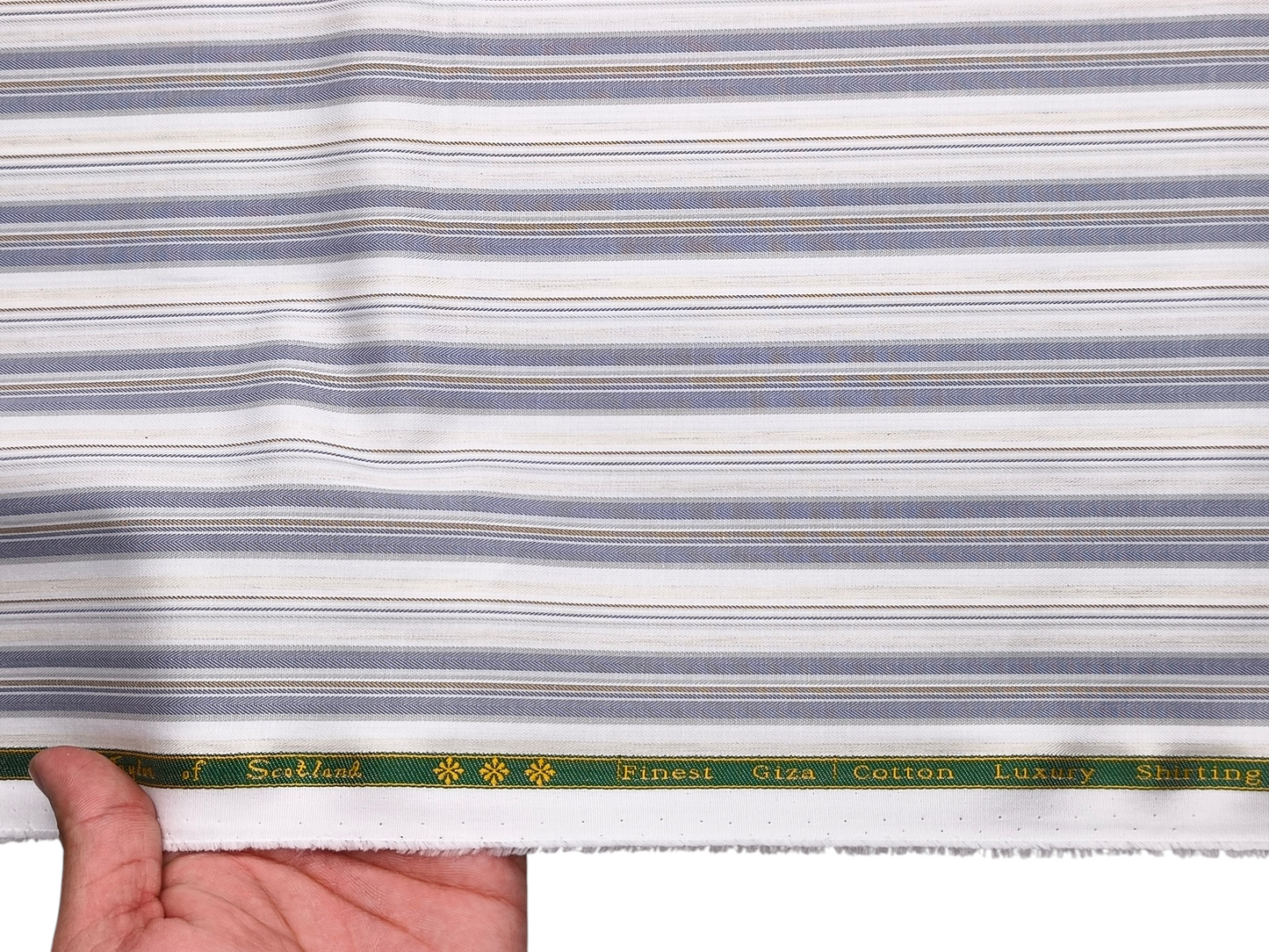 Reid & Taylor Finest Giza Cotton Luxury Shirting Fabric (Blue, Brown & Beige, Broad Stripes)