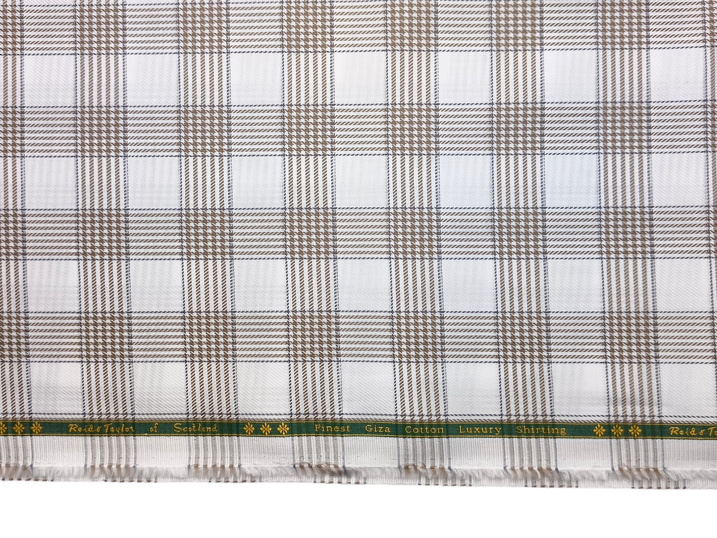 Reid & Taylor Finest Giza Cotton Luxury Shirting Fabric (White & Brown , Patterned Checks)