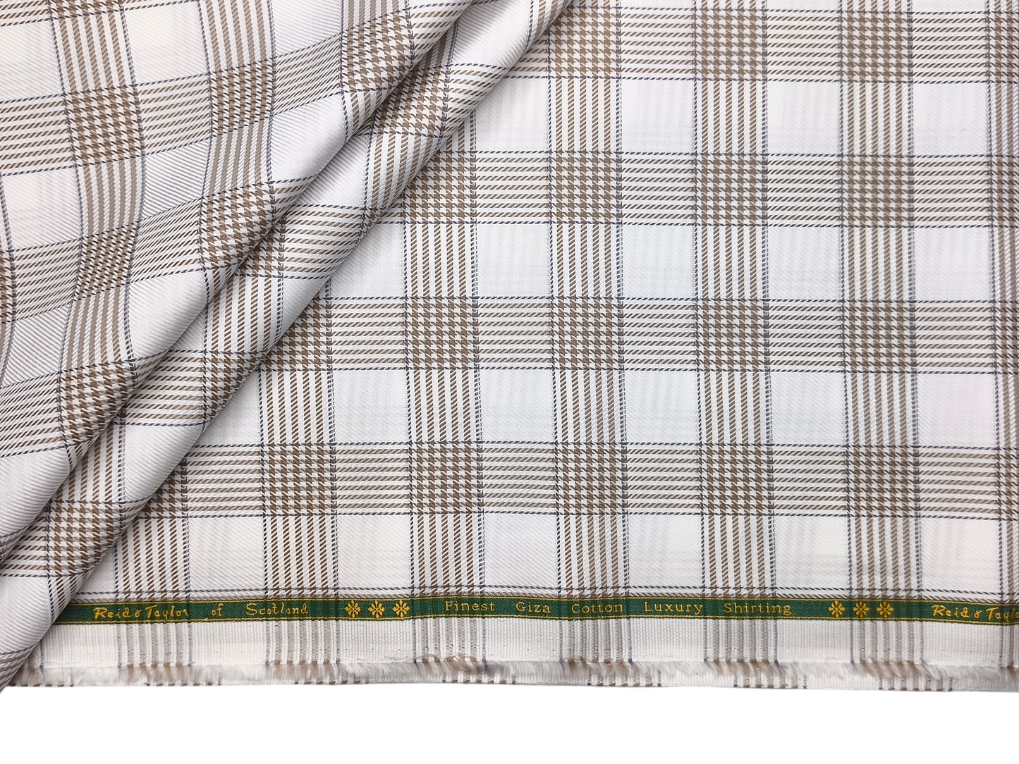 Reid & Taylor Finest Giza Cotton Luxury Shirting Fabric (White & Brown , Patterned Checks)