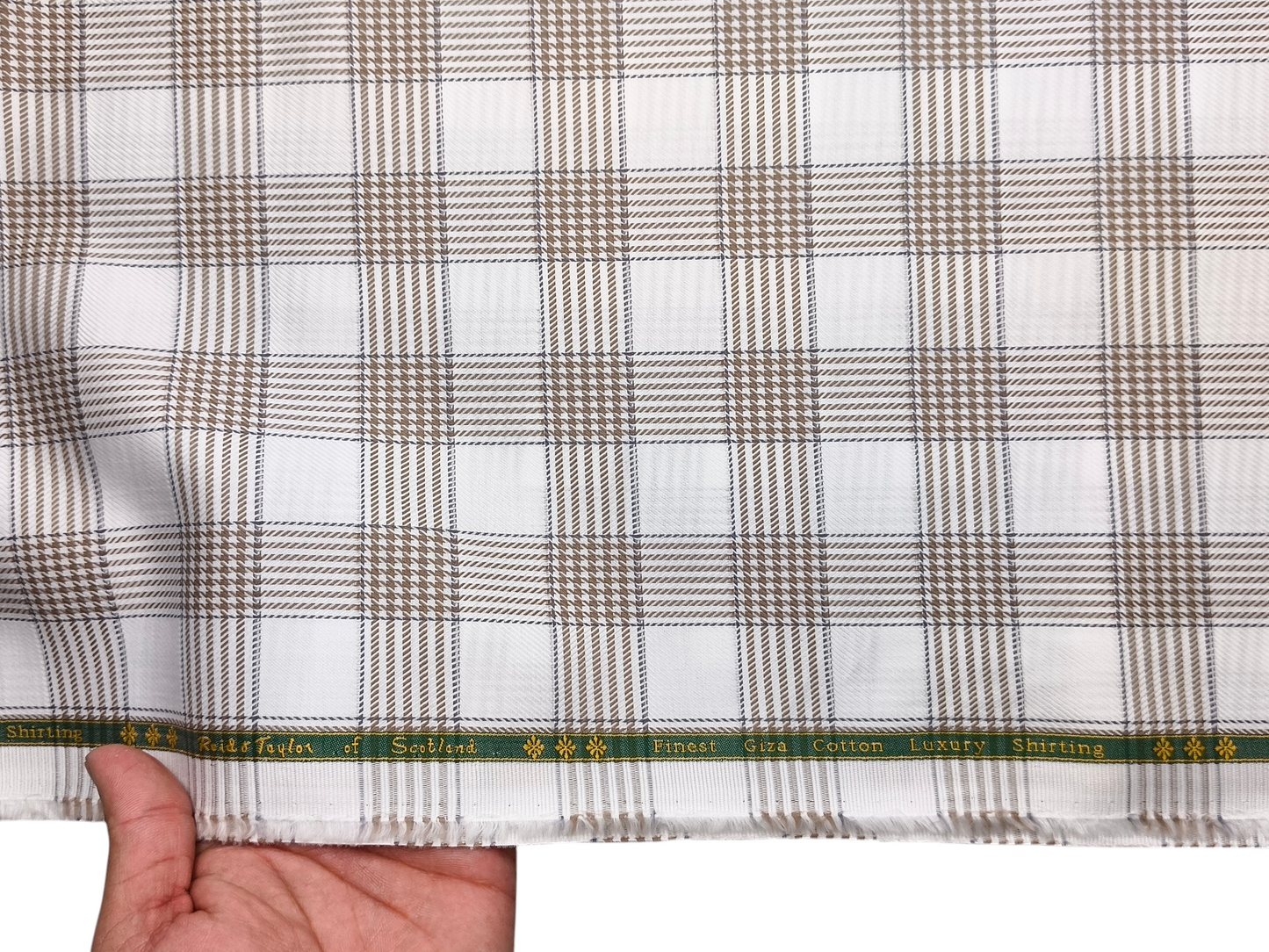 Reid & Taylor Finest Giza Cotton Luxury Shirting Fabric (White & Brown , Patterned Checks)