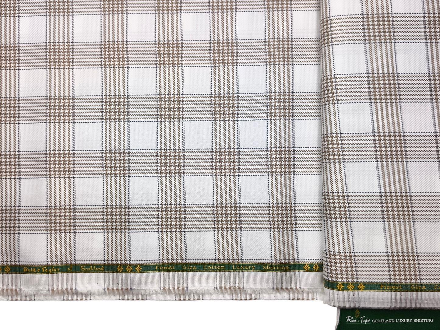 Reid & Taylor Finest Giza Cotton Luxury Shirting Fabric (White & Brown , Patterned Checks)