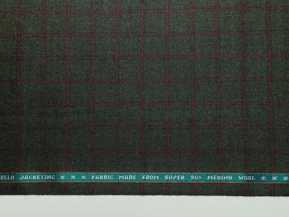 Raymond Ornello 100% Wool Super 90s Jacketing Suiting Fabric (Bottle Green & Burgandy, Checks)