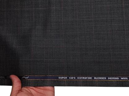 Georgia Gullini Italy Super 110s Merino Wool Blended Premium Suiting Fabric (Dark Grey, Windowpane Checks)