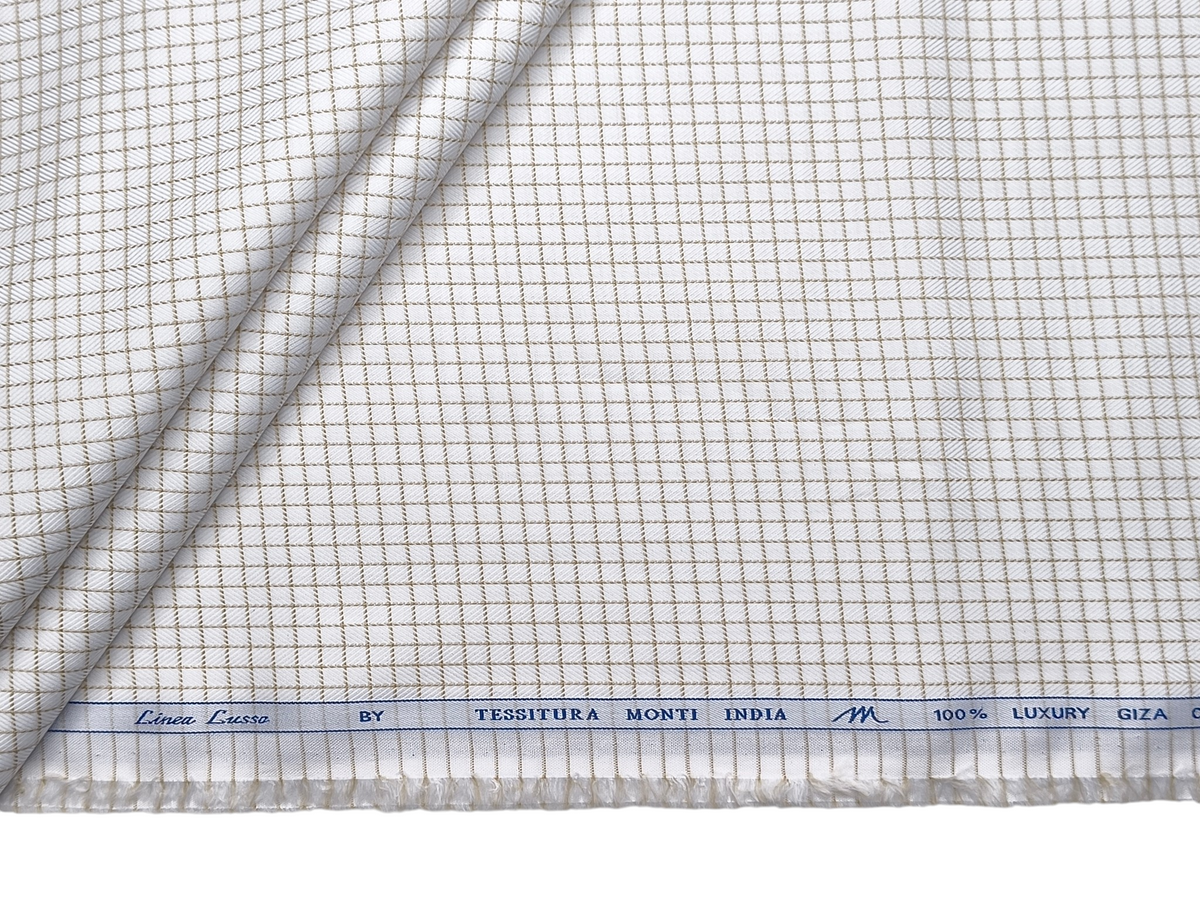 Tessitura Monti 100% Premium Giza Cotton Shirting Fabric (White & Beige, Checks)