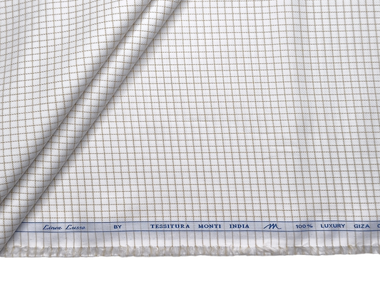Tessitura Monti 100% Premium Giza Cotton Shirting Fabric (White & Beige, Checks)