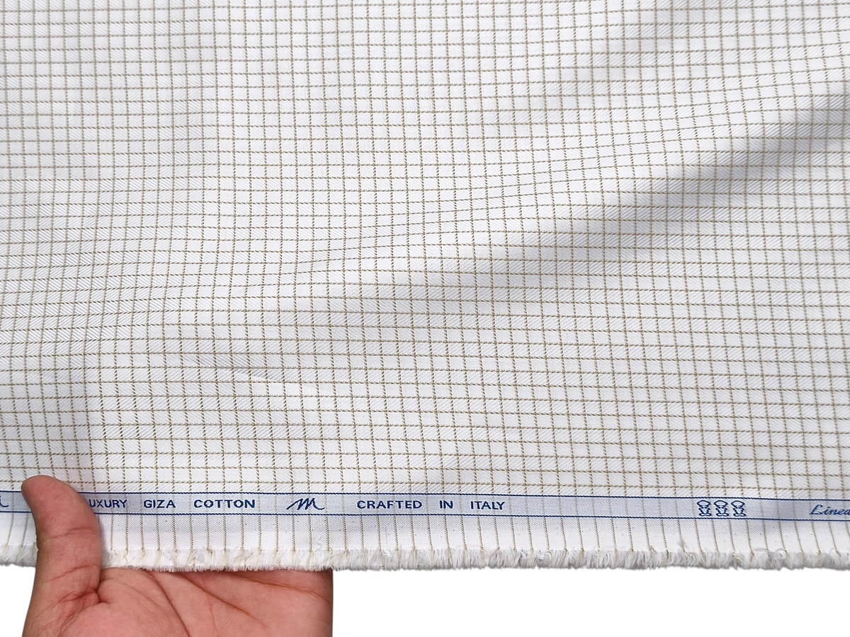 Tessitura Monti 100% Premium Giza Cotton Shirting Fabric (White & Beige, Checks)