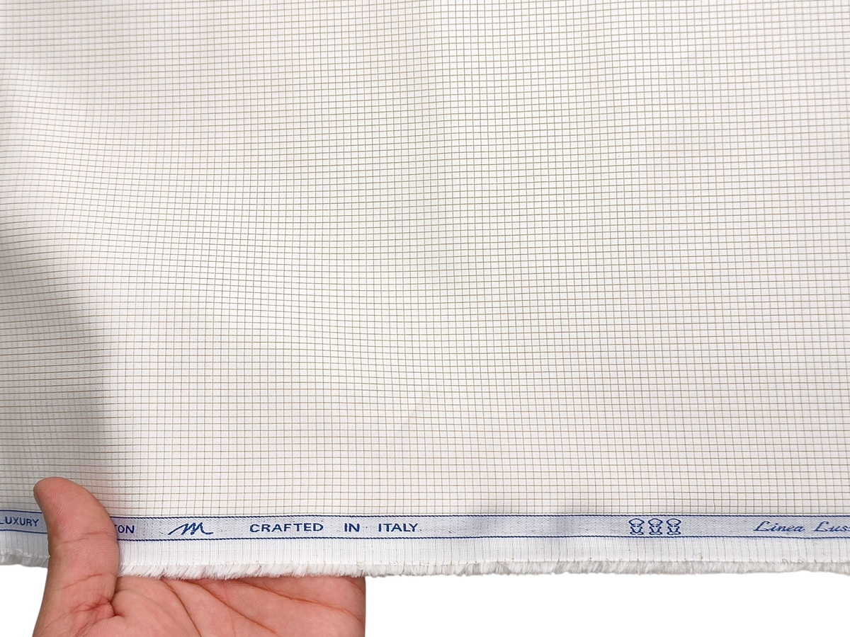Tessitura Monti 100% Premium Giza Cotton Shirting Fabric (White & Beige, Microchecks)