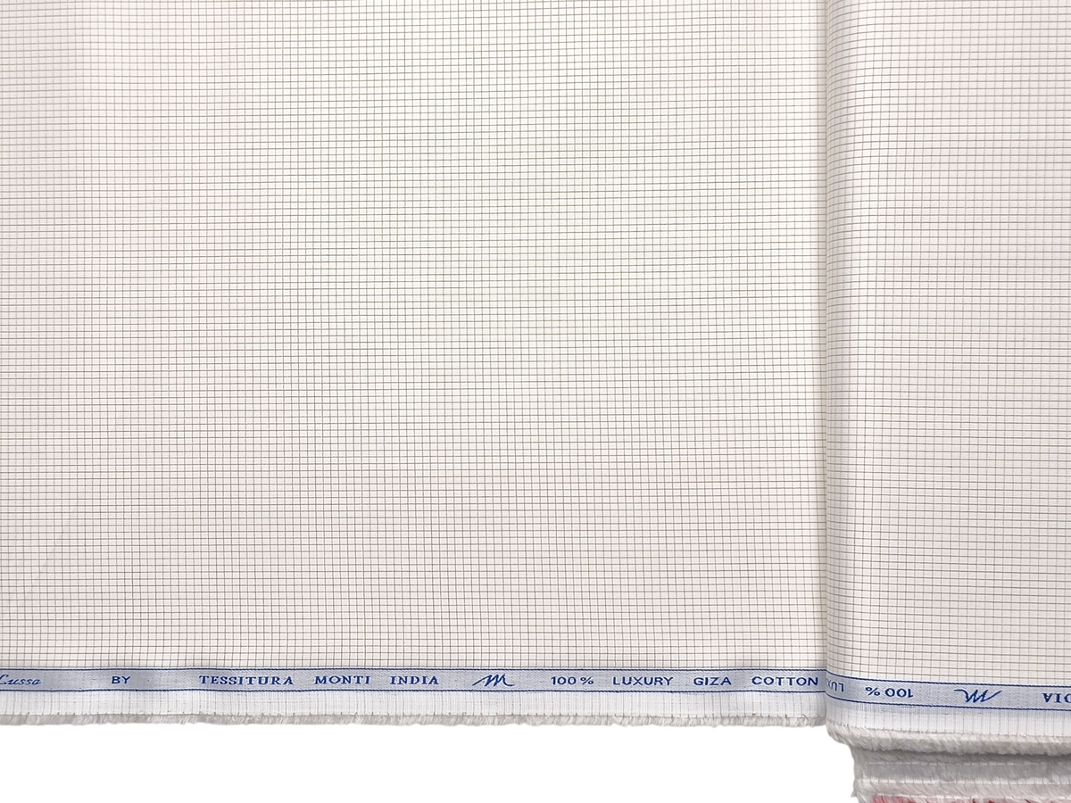 Tessitura Monti 100% Premium Giza Cotton Shirting Fabric (White & Beige, Microchecks)