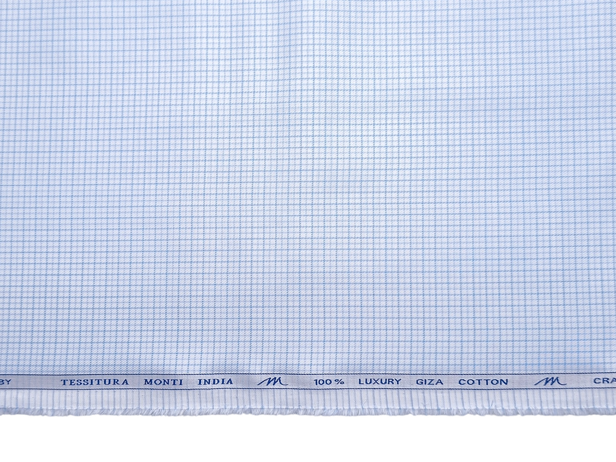 Tessitura Monti 100% Premium Giza Cotton Shirting Fabric (White & Blue, Microchecks)