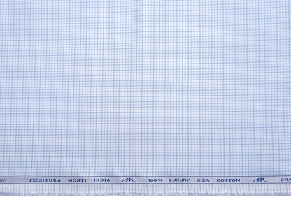 Tessitura Monti 100% Premium Giza Cotton Shirting Fabric (White & Blue, Microchecks)
