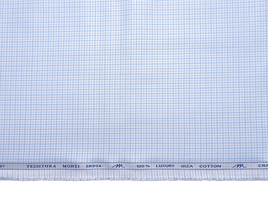 Tessitura Monti 100% Premium Giza Cotton Shirting Fabric (White & Blue, Microchecks)