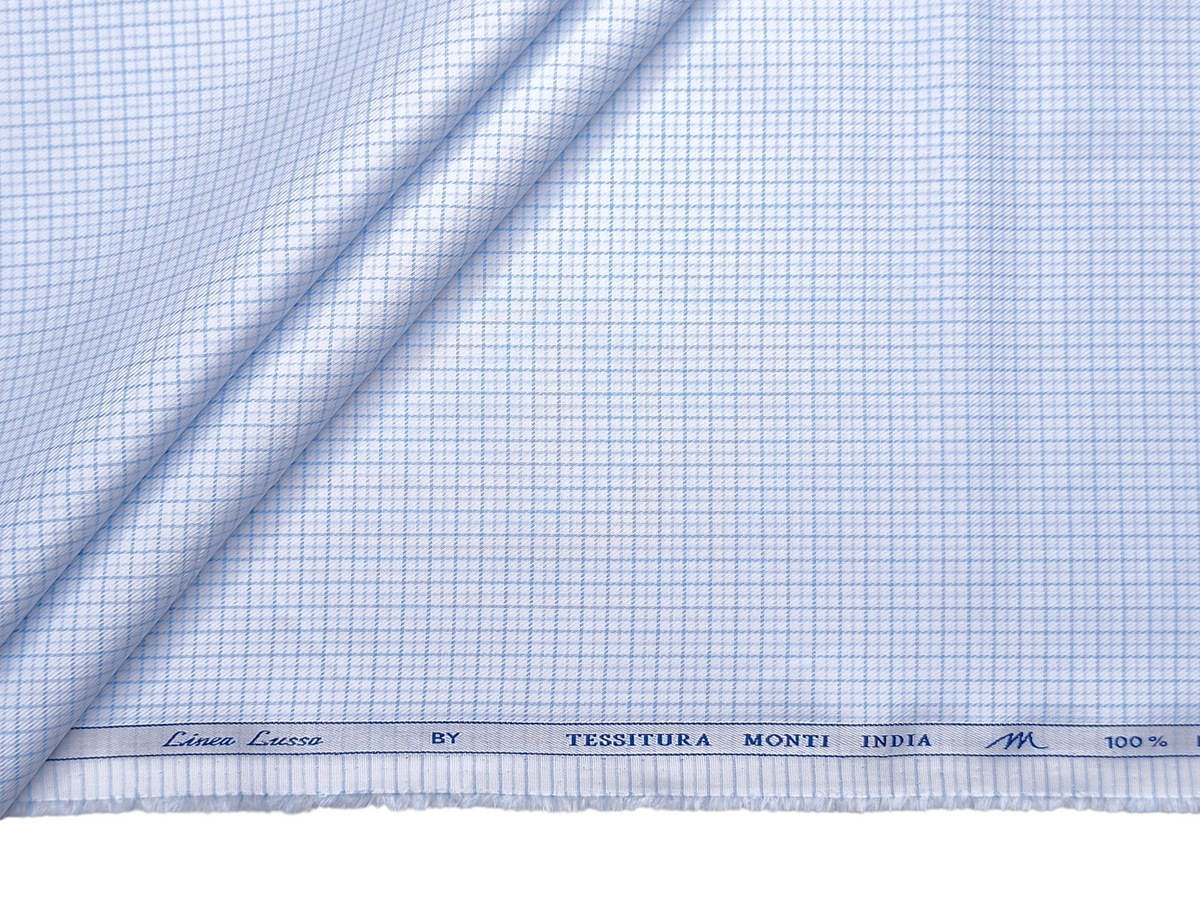 Tessitura Monti 100% Premium Giza Cotton Shirting Fabric (White & Blue, Microchecks)