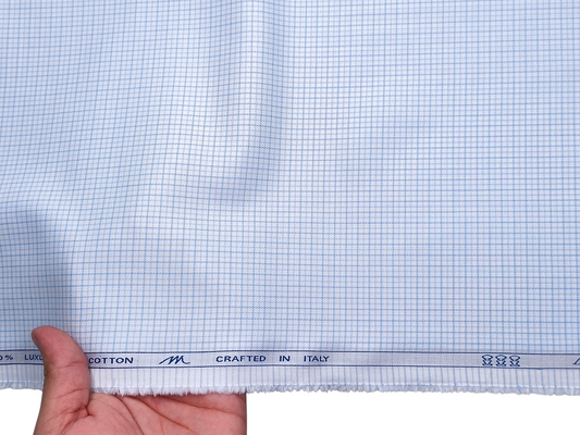 Tessitura Monti 100% Premium Giza Cotton Shirting Fabric (White & Blue, Microchecks)