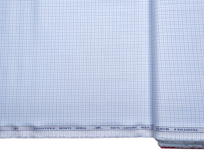 Tessitura Monti 100% Premium Giza Cotton Shirting Fabric (White & Blue, Microchecks)